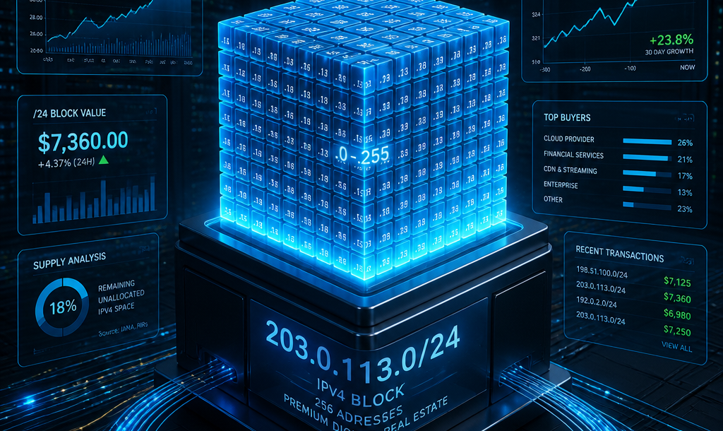 High-tech blue blockchain cube at center with floating market charts and dollar icons.