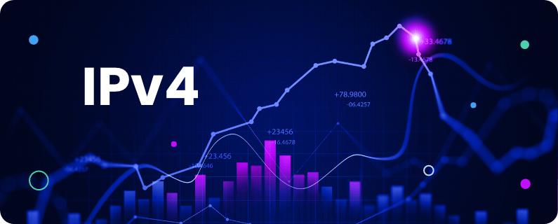 IPv4-themed abstract data visualization with blue line chart and purple bars on a dark gradient background, suggesting network analytics